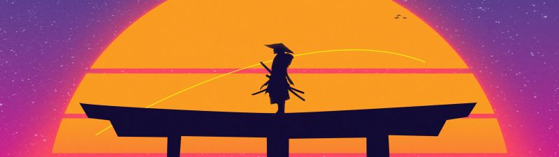 Samurai, Torii gate, Japanese, 5K, Sunset, Vaporwave, Digital art, Synthwave