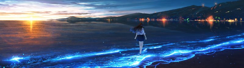 Bioluminescence, Anime girl, Alone, Sunset, Beach, Ocean, 5K