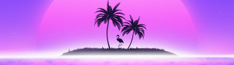 Sunset, RetroWave art, Vaporwave, Flamingo, Palm trees, Island, Tropical, 5K
