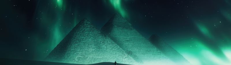 Egyptian Pyramids, Aurora sky, Dreamy, Northern Lights, Surreal, Desert, Dunes, 5K