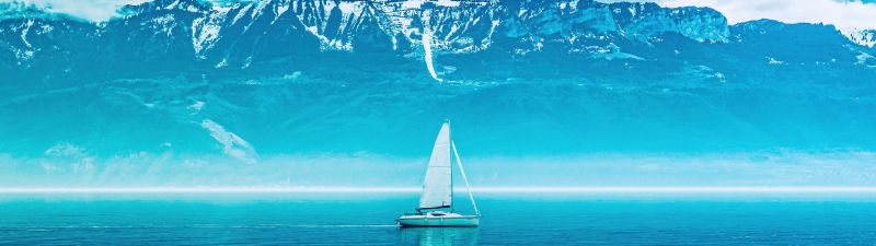 Sailing boat, Mountains, Ocean, Blue aesthetic, Ocean blue, 5K