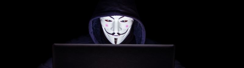 Anonymous, Laptop, Hacker, Black background, 5K, Hacking