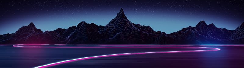 Neon, Highway, Outrun, Synthwave, Mountain range, Digital Art, 5K, Ultrawide