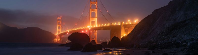 Golden Gate Bridge, Illuminated, Night, Reflection, Baker Beach, San Francisco, California, 5K, 8K