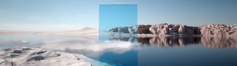 Blue aesthetic, Landscape, Geometric, Surreal, Modern, Lake, Mountain, Reflection