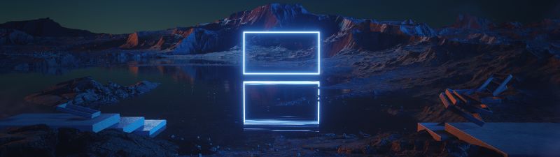 Rectangle, Neon light, Landscape, Geometric, Reflection, Dark aesthetic, Night time, Body of Water, Rock formations