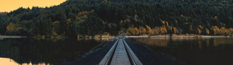 Railroad, Rail track, Mountain, River, Crescent Moon, Half moon, Landscape, Sunset, Aesthetic