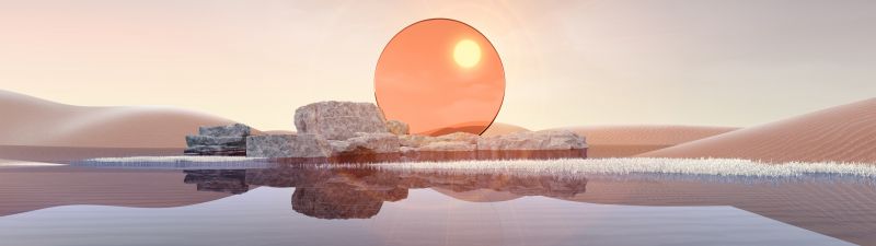 Desert, Landscape, Sunset, Digital Art, Body of Water, 5K, Reflection