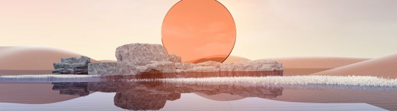 Sunset, Desert, Landscape, Digital Art, Body of Water, 5K