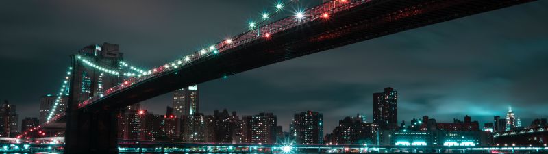 Brooklyn Bridge, 8K, Manhattan, City lights, Night, Cityscape, River, New York City, 5K