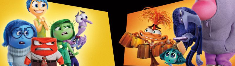 Inside Out 2, Ultrawide, 8K, Movie poster, Animation movies, Pixar movies, 2024 Movies, Joy (Inside Out), Sadness (Inside Out), Anger (Inside Out), Fear (Inside Out), Disgust (Inside Out), Anxiety (Inside Out), 5K, Black background