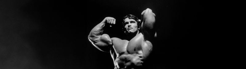 Arnold Schwarzenegger, Bodybuilder, Dark background, Monochrome, 5K