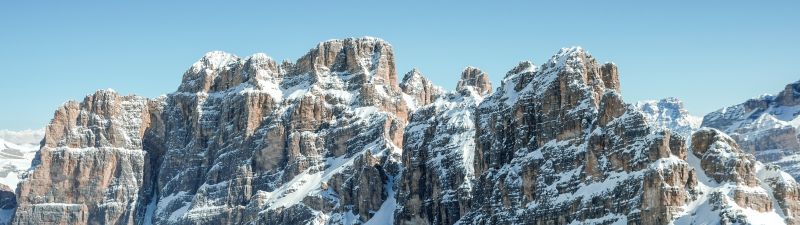 Dolomites, Clear sky, Mountain range, Sunny day, Winter, Snow covered, Mountains, Italy, 5K