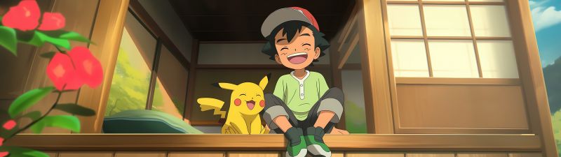 Ash Ketchum, Pikachu, Adorable, Scenic, 5K, Laughing, Pokemon