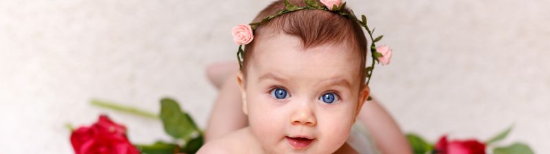 Cute Baby, Rose flowers, Adorable, Blue eyes, Cute baby girl, White, 5K