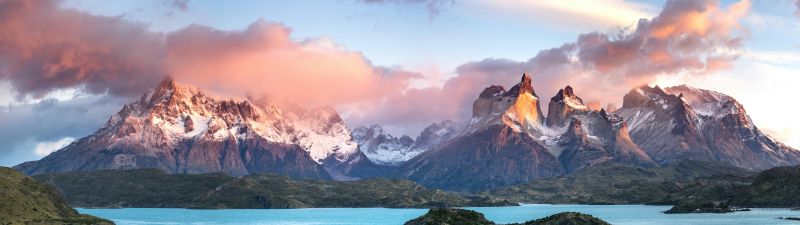 Torres del Paine National Park, Panorama, Mountains, Cloudy Sky, Sunny day, Ultrawide, 5K, 8K