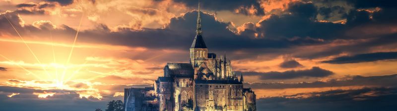 Mont Saint-Michel, Island, Ancient architecture, Reflection, Night, Sunset, Dawn, Evening sky, Normandy, France, 5K