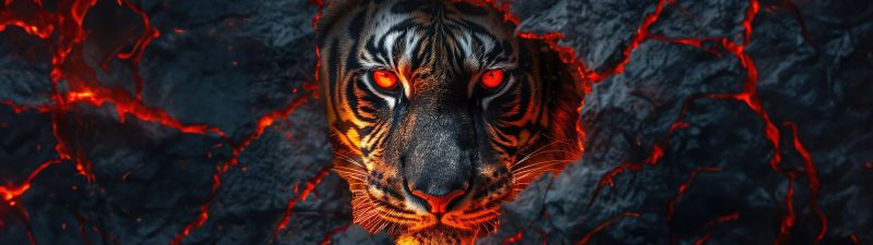 Fire, Tiger face, Lava, Closeup, Dark aesthetic, 5K