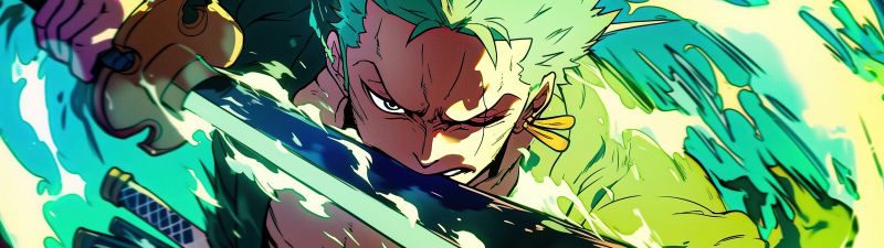 Roronoa Zoro, Green, Artwork, Sword, 5K, One Piece