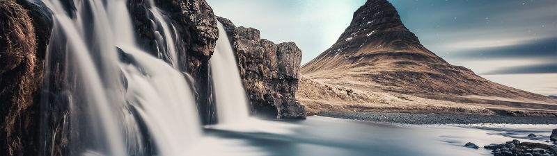 Waterfall, Scenic, Rocks, Aurora Borealis, Northern Lights, Mountain, 5K