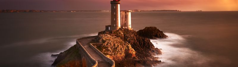 Lighthouse, Rocky cliff, Sunset, Seascape, Twilight, Dusk