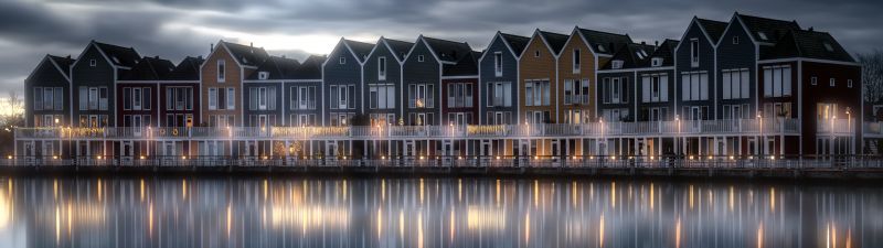 Rainbow houses, Netherlands, Colorful, Lakeside, Evening sky, Reflection, 5K, 8K, Scenic, Wooden House, Aesthetic, Dark clouds