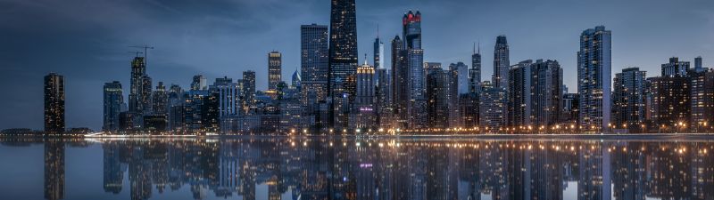 Chicago City, Skyline, Cityscape, Illinois, USA, United States of America, Urban, Skyscrapers, Dusk, Evening sky, Dramatic, Reflections, Lake Michigan, Waterfront, City lights, 5K, 8K