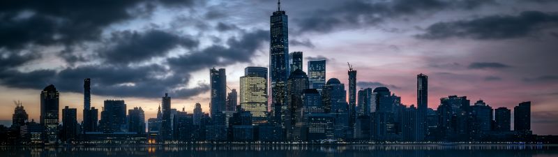 Manhattan Skyline, Hudson River, Cityscape, New York City, Skyscrapers, Urban, Metropolitan, 5K, Reflection, Dusk, Evening sky