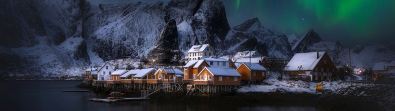 Lofoten Islands, Ultrawide, Norway, Aesthetic, Serene, Aurora Borealis, Northern Lights, Village, 5K, Snow covered, Snow mountains, Panorama