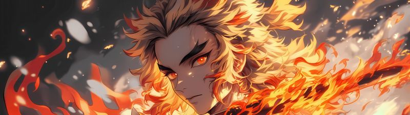 Kyojuro Rengoku, Sword, Fire effect, Demon Slayer: Kimetsu no Yaiba, 5K, Katana