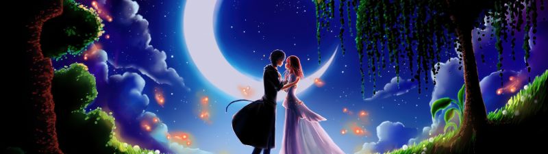 Anime couple, Kiss, Romantic kiss, Crescent Moon, Reflection, Dreamy, Magical, 5K