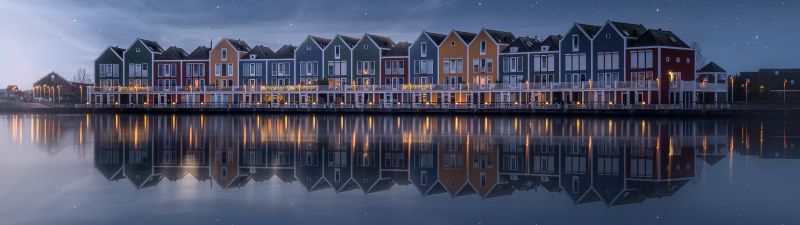 Colorful, Lakeside, House, Rainbow, Stars in sky, Evening sky, Reflection, Netherlands, 5K, Scenic, Wooden House, Aesthetic