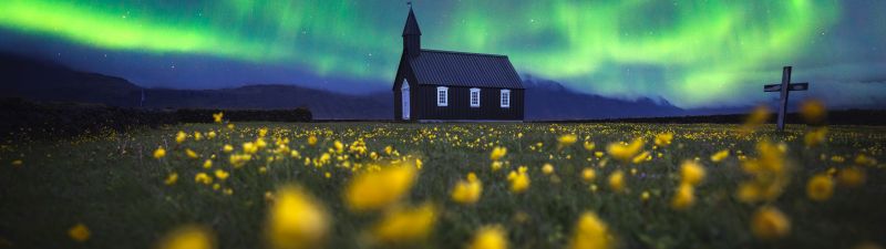 Aurora Borealis, Church, Northern Lights, Iceland, Yellow flowers, Scenic, Landscape, Evening sky, 5K, 8K