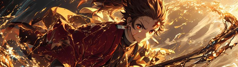 Tanjiro Kamado, Action, Water Breathing, Sword, Demon Slayer: Kimetsu no Yaiba, 5K, AI art