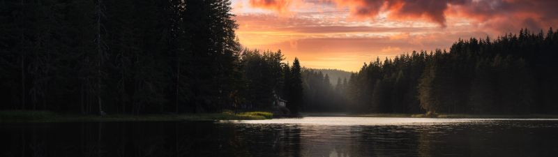 Serene, Lake, Sunset, Forest, Trees, Reflection, Clouds, Body of Water, Scenic, Peaceful, Calm, Tranquil, Quiet, 5K, 8K