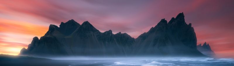 Vestrahorn mountain, Scenic, Iceland, Black sand beach, Ocean Waves, Sunset, Twilight, Dramatic, 5K, 8K, Stokksnes