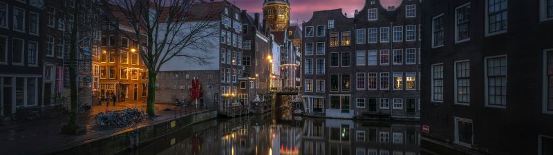 Amsterdam, Aesthetic, Night City, Sunset, Cityscape, Canal, Buildings, Reflection, European, Tourist attraction, Night photography, 5K