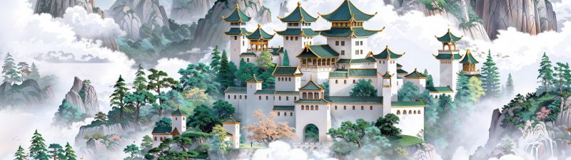 Chinese architecture, Temple, Clouds, Mountains, Asian, Surrealism, Fantasy artwork, Digital Art, AI art, 5K