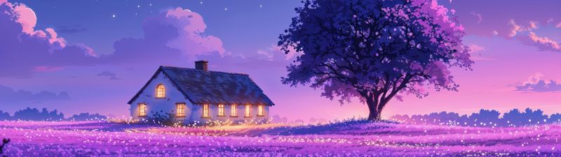 Purple aesthetic, Scenery, Landscape, Night sky, Serenity, Countryside, Tranquility, Digital art, 5K