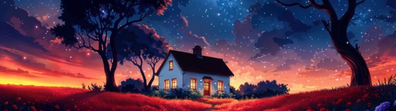 Surreal, Scenery, AI art, Landscape, Night, Milky Way, 5K, House, Aesthetic