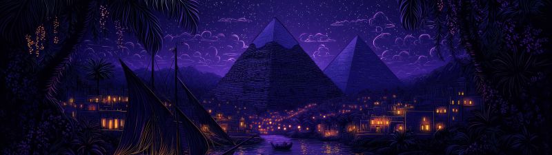 Egyptian Pyramids, Purple aesthetic, Night, Moonlight, Illuminated, Boats, Surrealism, Palm trees, 5K, Purple sky, Reflection