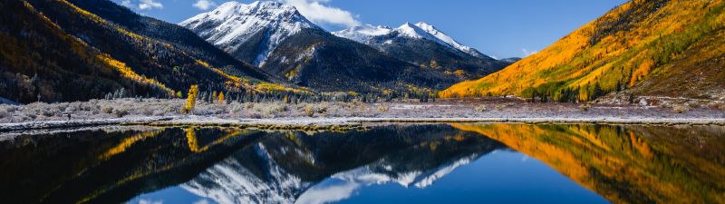 Crystal Lake, Aesthetic, Colorado, Landscape, North America, Outdoor, Mountains, Fall, 5K, Reflections, Clear sky