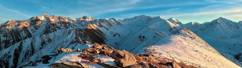 Snowy Mountains, Scenic, Blue Sky, Outdoor, Sunny day, Panorama, 5K