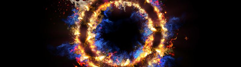 Fire ring, Energy, Black background, Flames, Circle, 5K