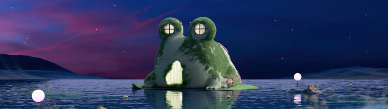 Frog house, Aesthetic, Night, Dreamlike, Starry sky, Lake, 5K