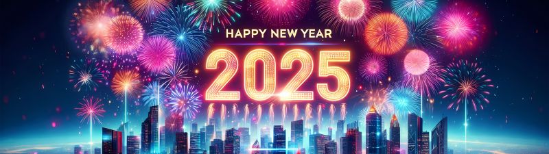 2025, New Year celebrations, Happy New Year 2025, Futuristic city, Neon city, Fireworks, 5K