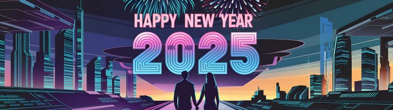 Happy New Year 2025, Couple, New Year celebrations, Dystopian, Cyberpunk, Neon city, 5K