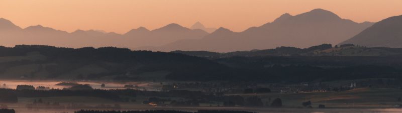 Dramatic, Golden hour, Valley, Sunset, Mountain range, Panorama, Foggy sunset, Misty mountains