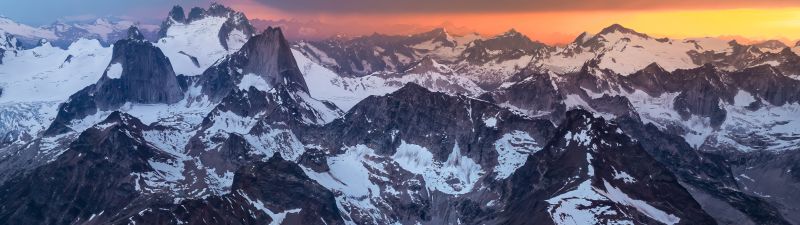 Mountain Landscape, Alps, Scenery, Snowcapped mountains, Mountains, Mountain Peaks, Sunset, Dusk, Dramatic, Panoramic, Aerial Photography, 5K, 8K, Mountain lake