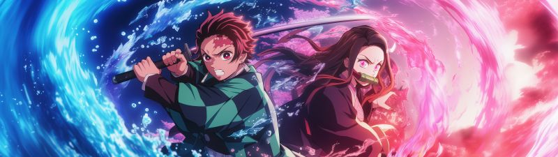 Tanjiro & Nezuko, Ultrawide, Demon Slayer: Kimetsu no Yaiba, Tanjiro Kamado, Nezuko Kamado, Water Breathing, 5K